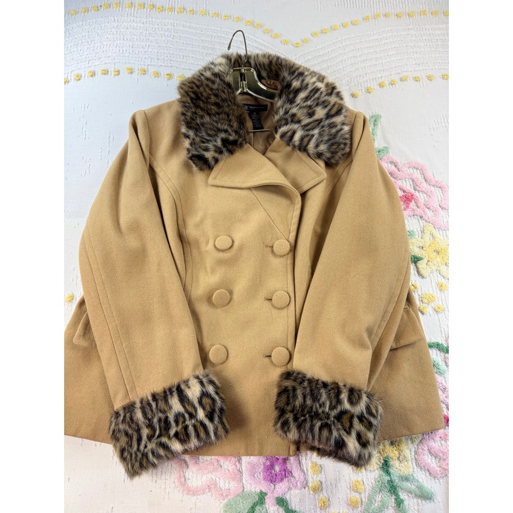 INC International Concepts Camel Wool Blend Leopard Faux Fur Trim Pea Coat 2X